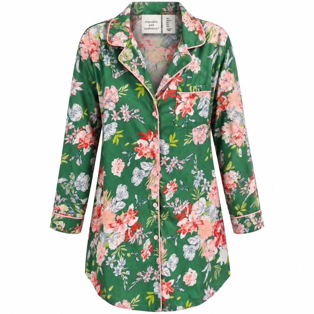 Cupcakes and Cashmere Sleep Shirt Nightgown Womens L Green Floral Button Down